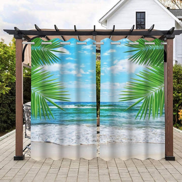 Tropical summer beach Waterproof Outdoor Curtains ,palm leaves waves blue sky Print,Privacy Weatherproof Grommet