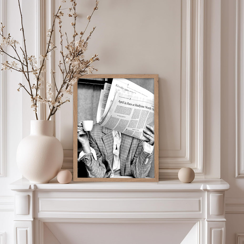 Woman Reading Newspaper - Drinking Coffee Print - Black and White Photography - Coffee Shop Illustration - Chic
