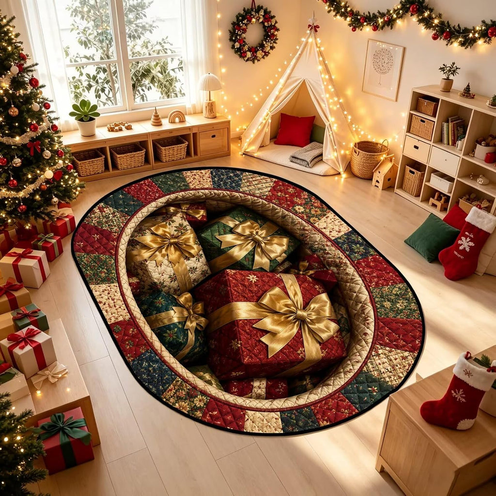 3D Gift Box Christmas Oval Rug Hole Optical Illusion Quilted Decor