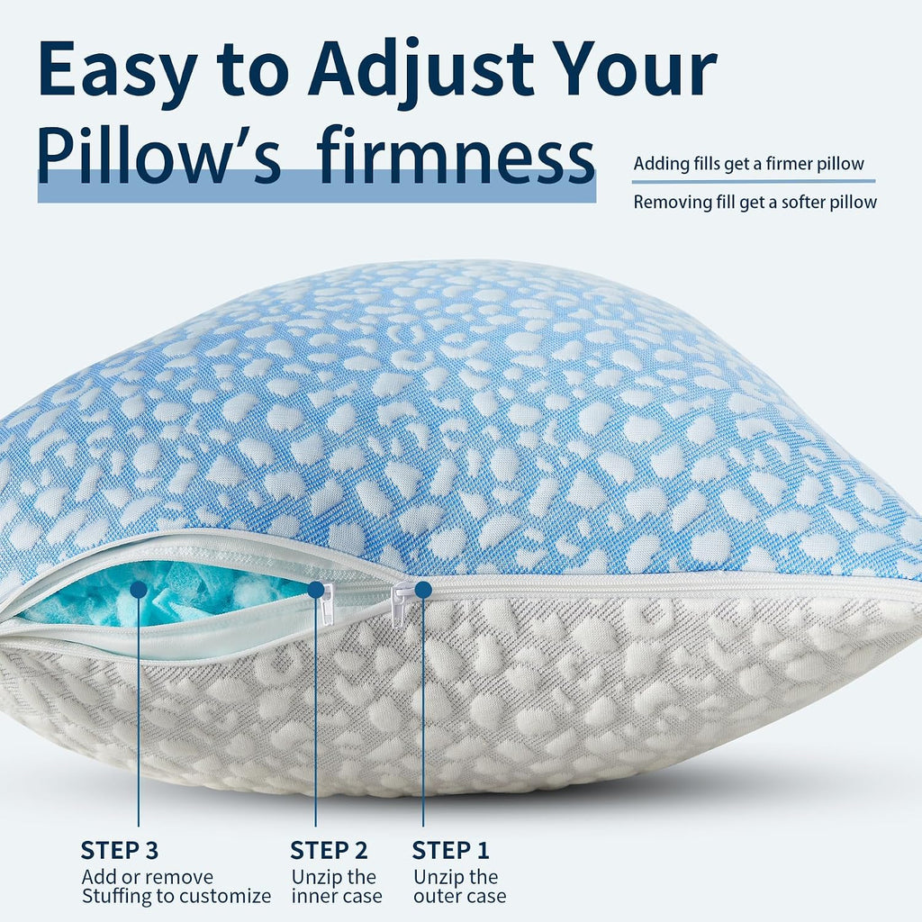 Firm Memory Foam Bed Pillows Queen Size Set of 2,Adjustable Cooling Side Sleeper Pillow,Hotel Collection Breathable