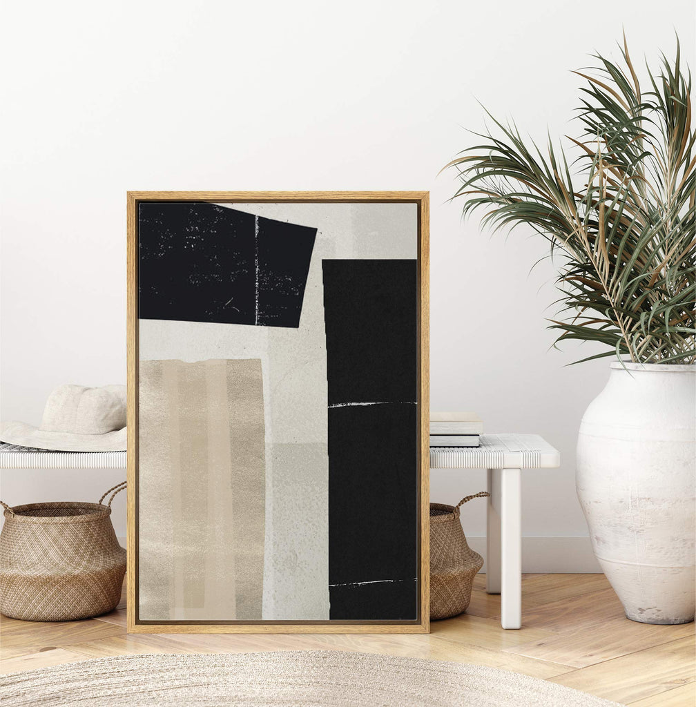 Framed Canvas Print Wall Art Black, White & Beige Color Blocks Abstract Shapes Illustrations Modern Art Minimalist