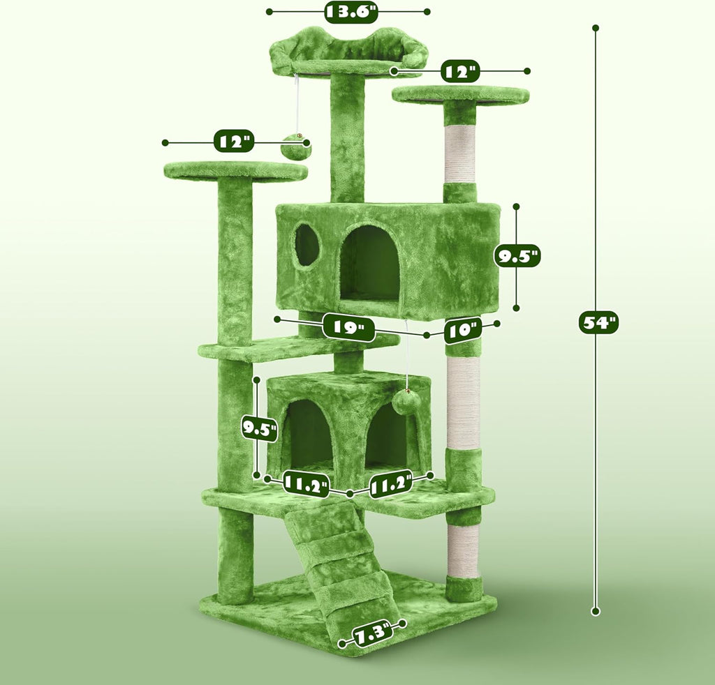 54in Cat Tree Tower, 2 Caves, Kitten-Ear Perch & Scratching Posts