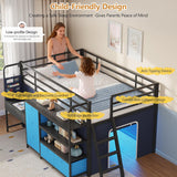 Low Loft Bed with Desk and 6 Storage Drawers Twin Loft Bed with Bookshelf,LED Lights & Under-Bed Play Space,Kids Twin