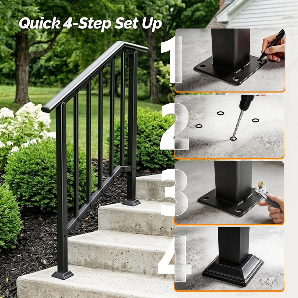 2 Pack 3 Step Handrails for Outdoor Steps, Wrought Iron Stair Railing Fits 2 or 3 Steps, Metal Hand Railing with