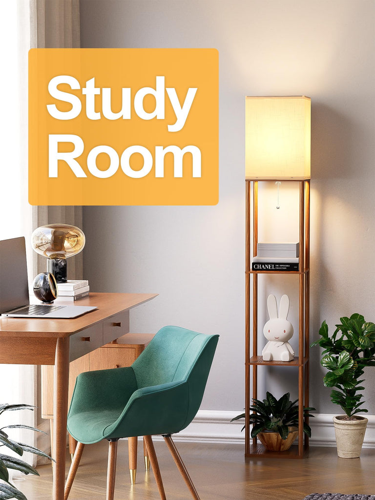 Floor Lamp with Shelves Walnut Brown, Shelf Floor Lamp with 3 CCT LED Bulb, Corner Display Standing Column Lamp