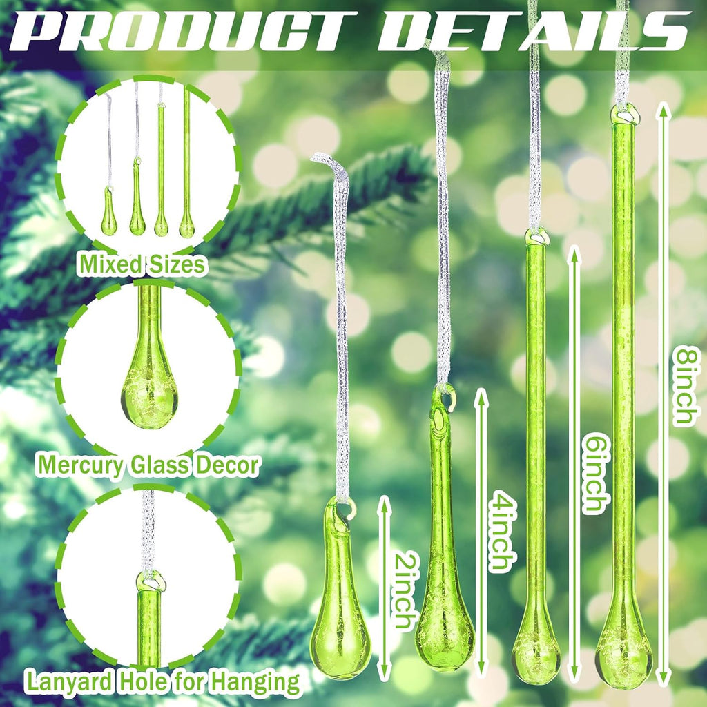 12 Pcs Mercury Glass Teardrop Icicle Christmas Ornaments, Green