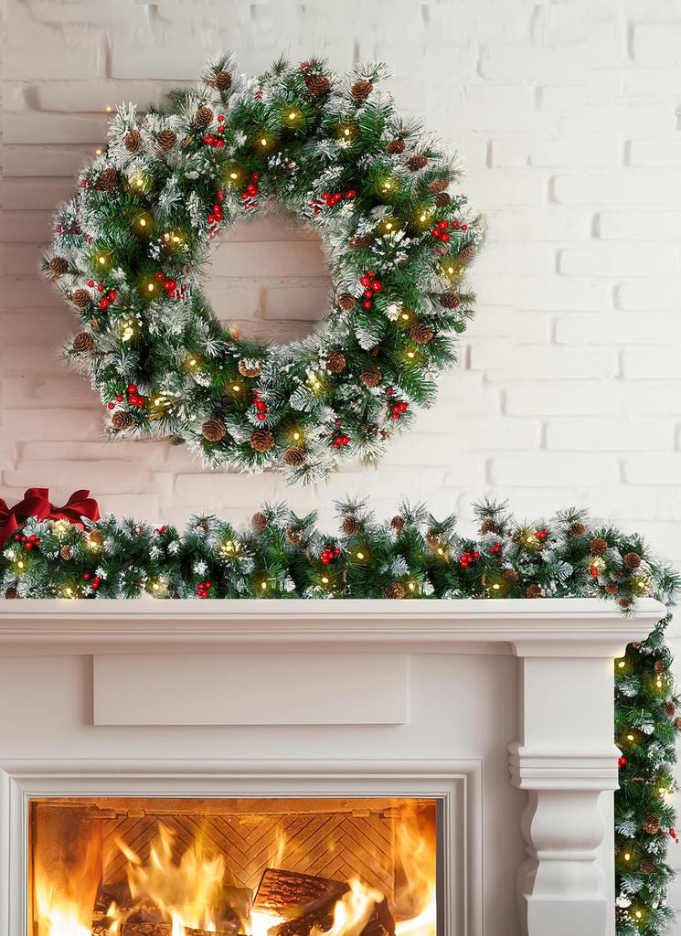 Christmas Garland with Lights, 9Ft Prelit Garland, 8 Light Modes & Timer