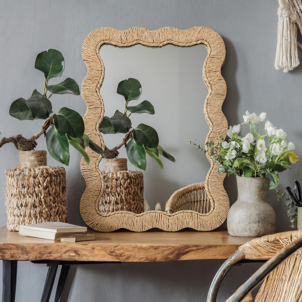 Boho Rattan Mirror, Rectangle, 10.4 x 15.8 in