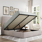 Queen Lift Up Storage Bed, Modern Wingback Headboard, Hydraulic Support, No Box Spring Needed, Light Beige