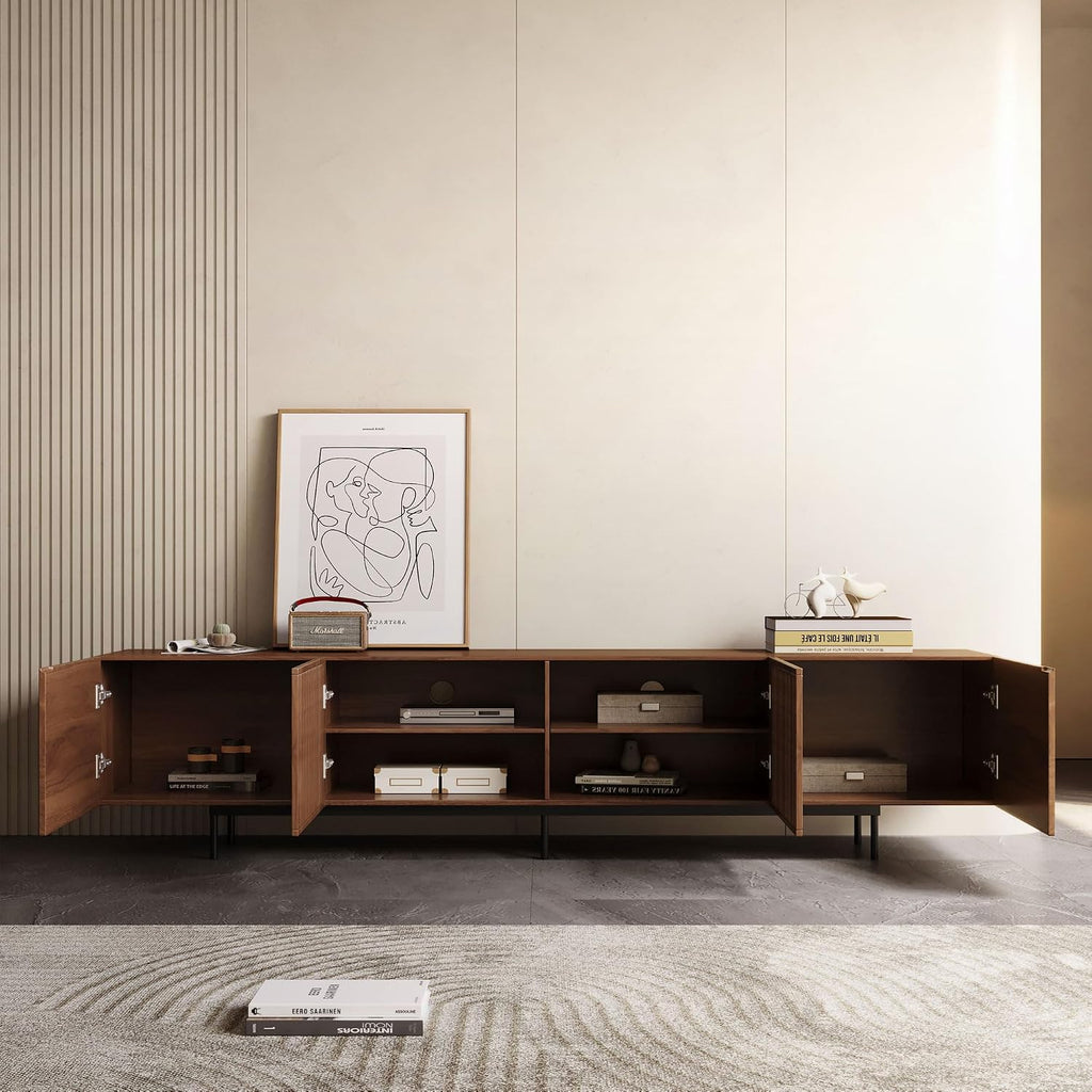 Mid Century Modern TV Stand for 80+ Inch TVs, 94.48" Walnut Console with Ample Storage - Stylish Entertainment Center
