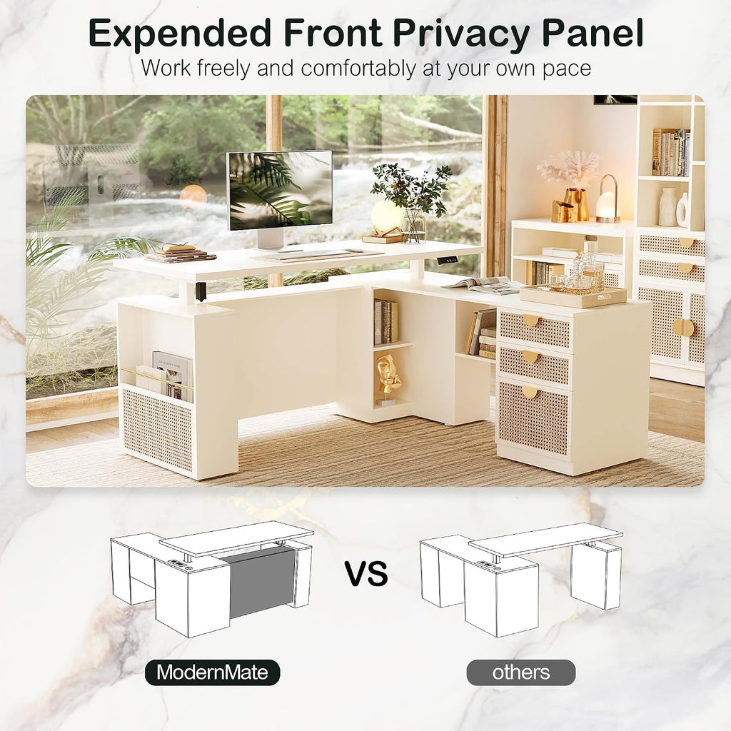 63" L Shaped Electric Standing Desk, Privacy Panel | White Rattan, 1.18" Desktop Executive Height Adjustable Desk