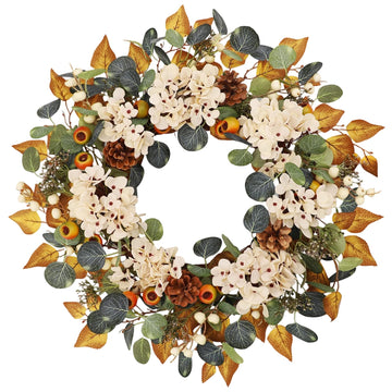 22 Inch Fall Hydrangea Wreaths for Front Door, Artificial Autumn Wreath with White Hydrangea, Eucalyptus, Berries
