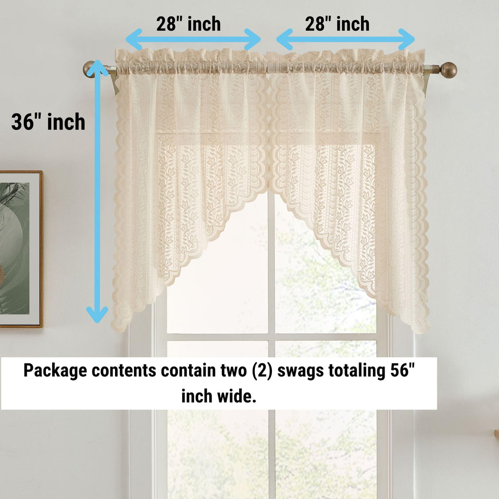 Sophia Lace Swag Curtains, Kitchen Valance - Linen Taupe, 28x36, Set of 2