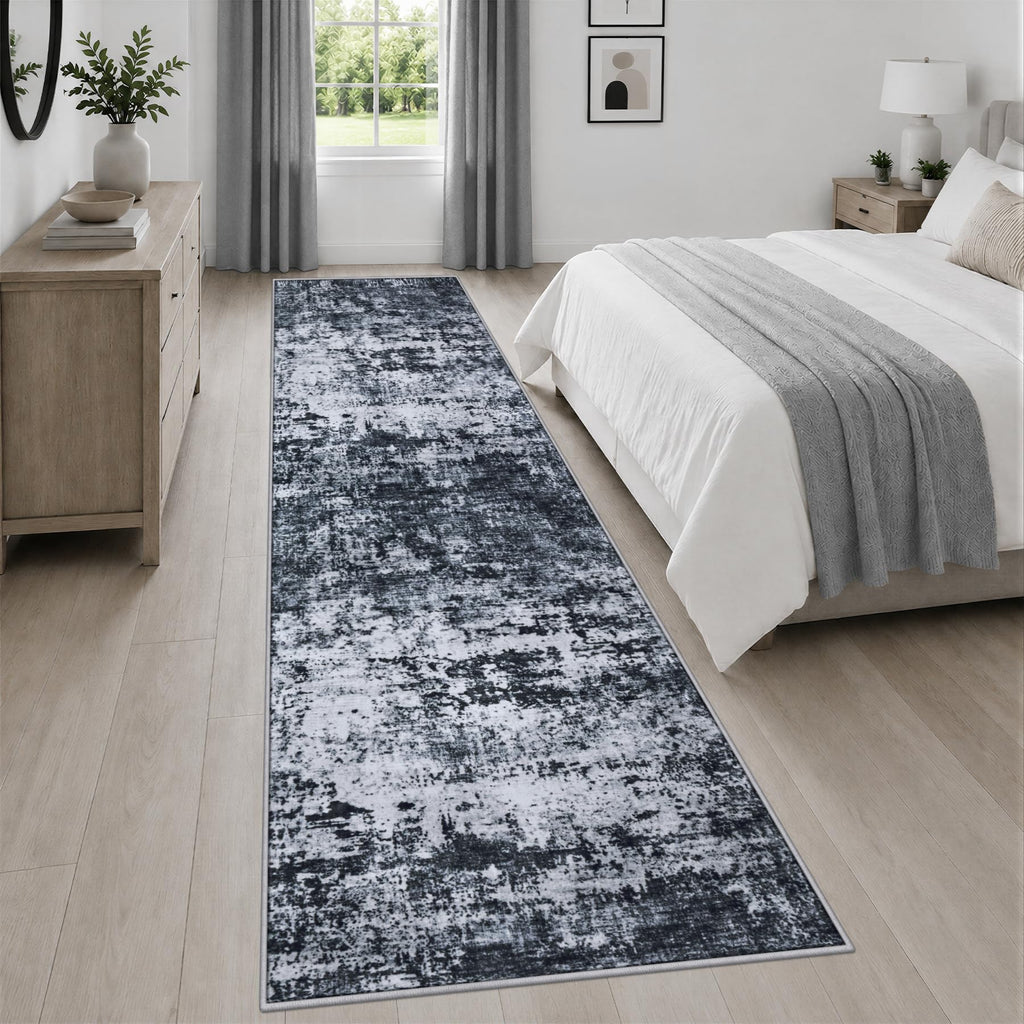 2.6x14 Washable Runner Rug:Modern Abstract Indoor Carpet Black