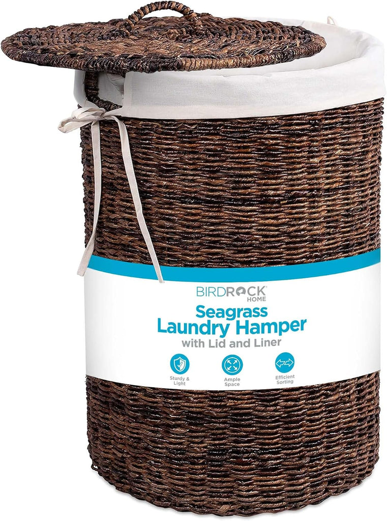 Seagrass Laundry Hamper with Lid & Liner - Handwoven Round Basket with Handles for Laundry/Dirty Clothes - Organizer
