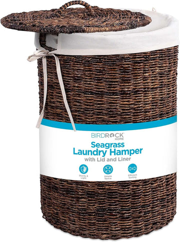 Seagrass Laundry Hamper with Lid & Liner - Handwoven Round Basket with Handles for Laundry/Dirty Clothes - Organizer