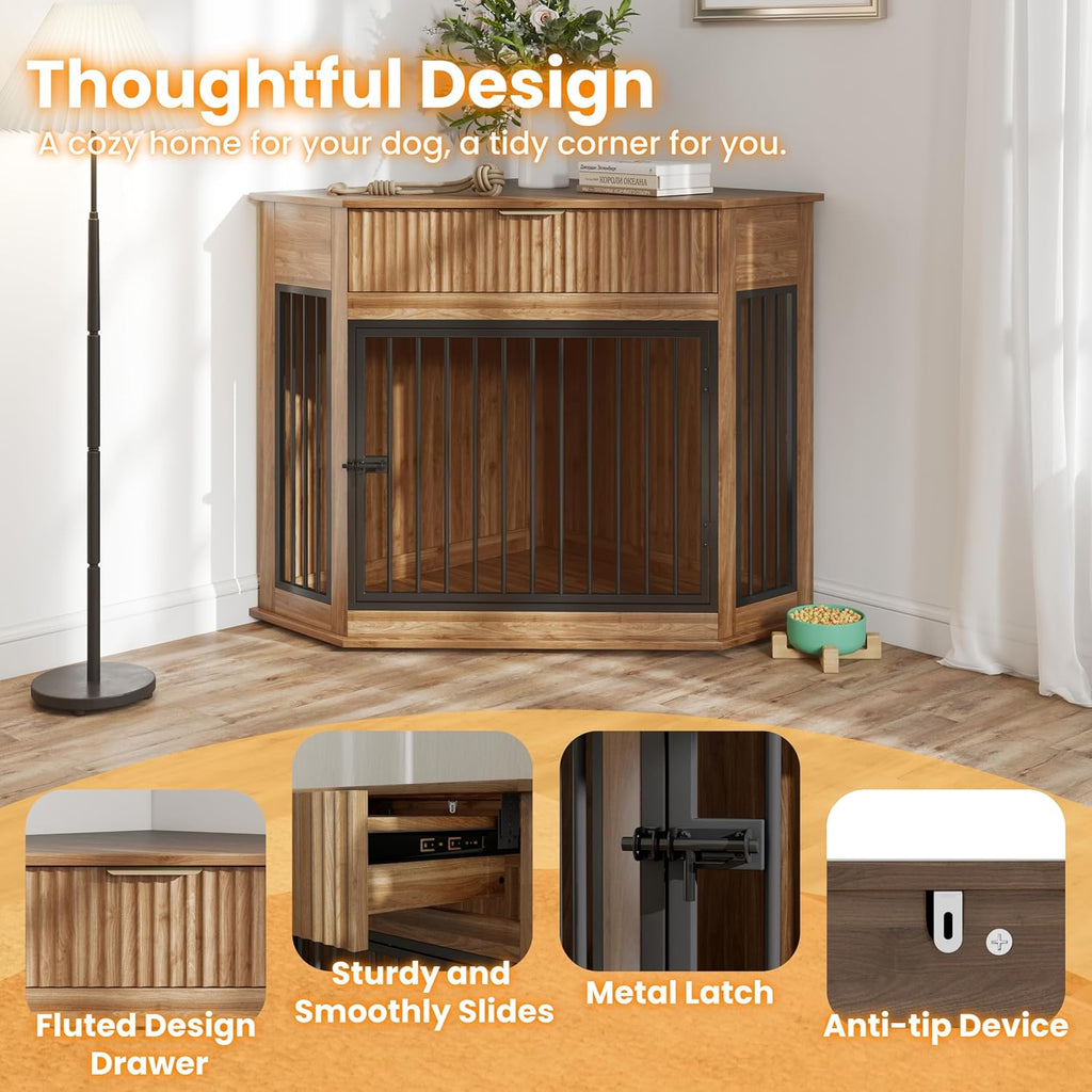 Corner Dog Crate Furniture, Wooden Dog Kennel Furniture for Small Medium Dog, Indoor Dog Cage with Fluted Drawer