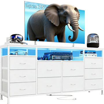 Dresser with LED Lights & Power Outlets, 63 Inch TV Stand Dressers with 10 Fabric Drawers, Entertainment Center with
