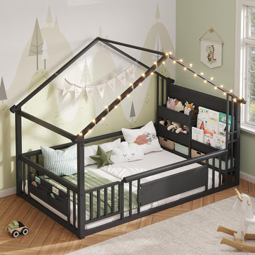 Montessori Floor Bed with Storage Bookshelf and Wood Slats House Floor Bed for Toddlers with Safety