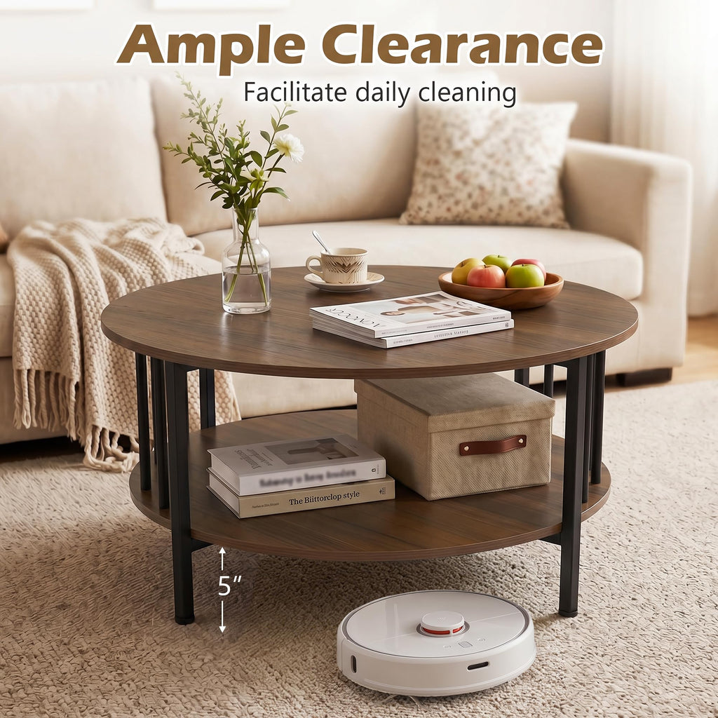 Farmhouse Round Coffee Table, 32.5" Wood Center Table with Storage & Metal Slatted Sides Frame, 2-Tier Accent