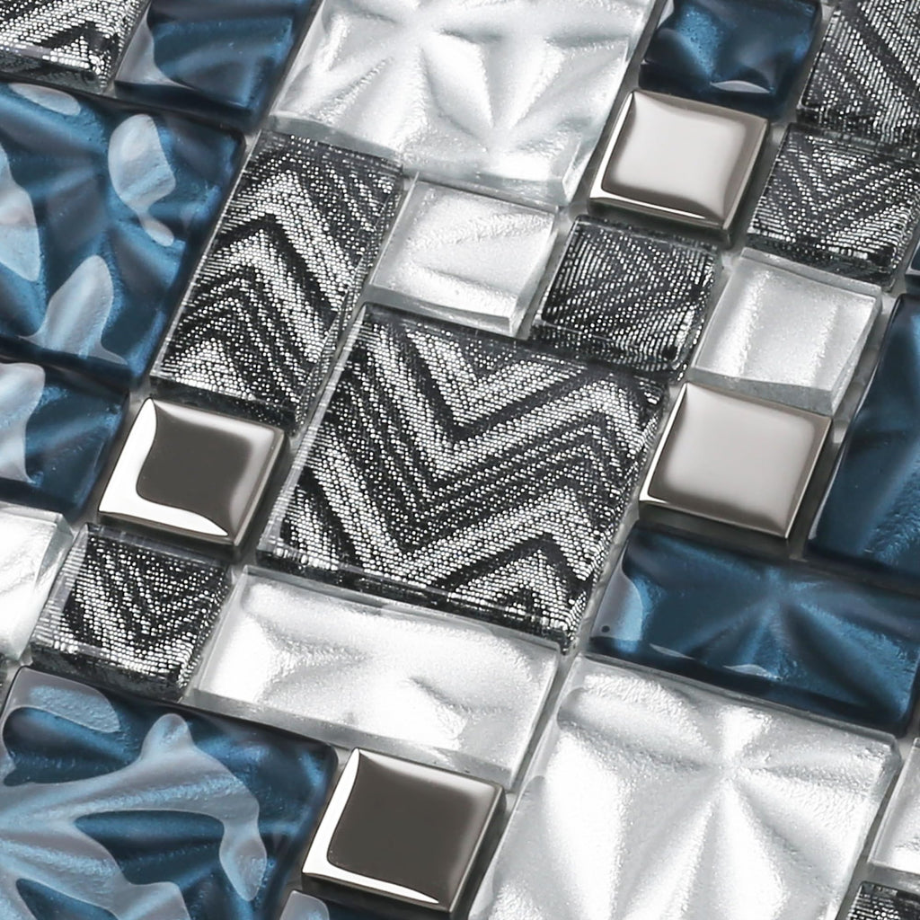 Blue White Glass Tile Bathroom Backsplash Wall Versailles Pattern Mosaic [Set of 5]