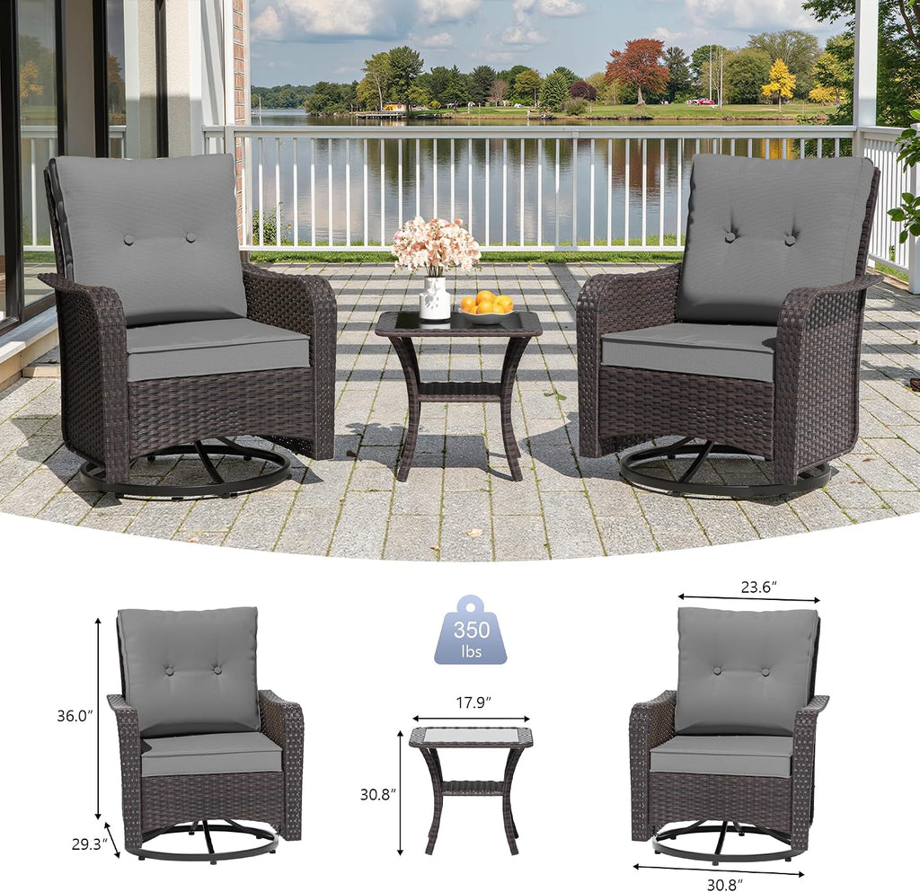 3 Piece Wicker Swivel Rocking Chair Set, Outdoor Patio Glider Chair with Glass Top Coffee Table, Conversation