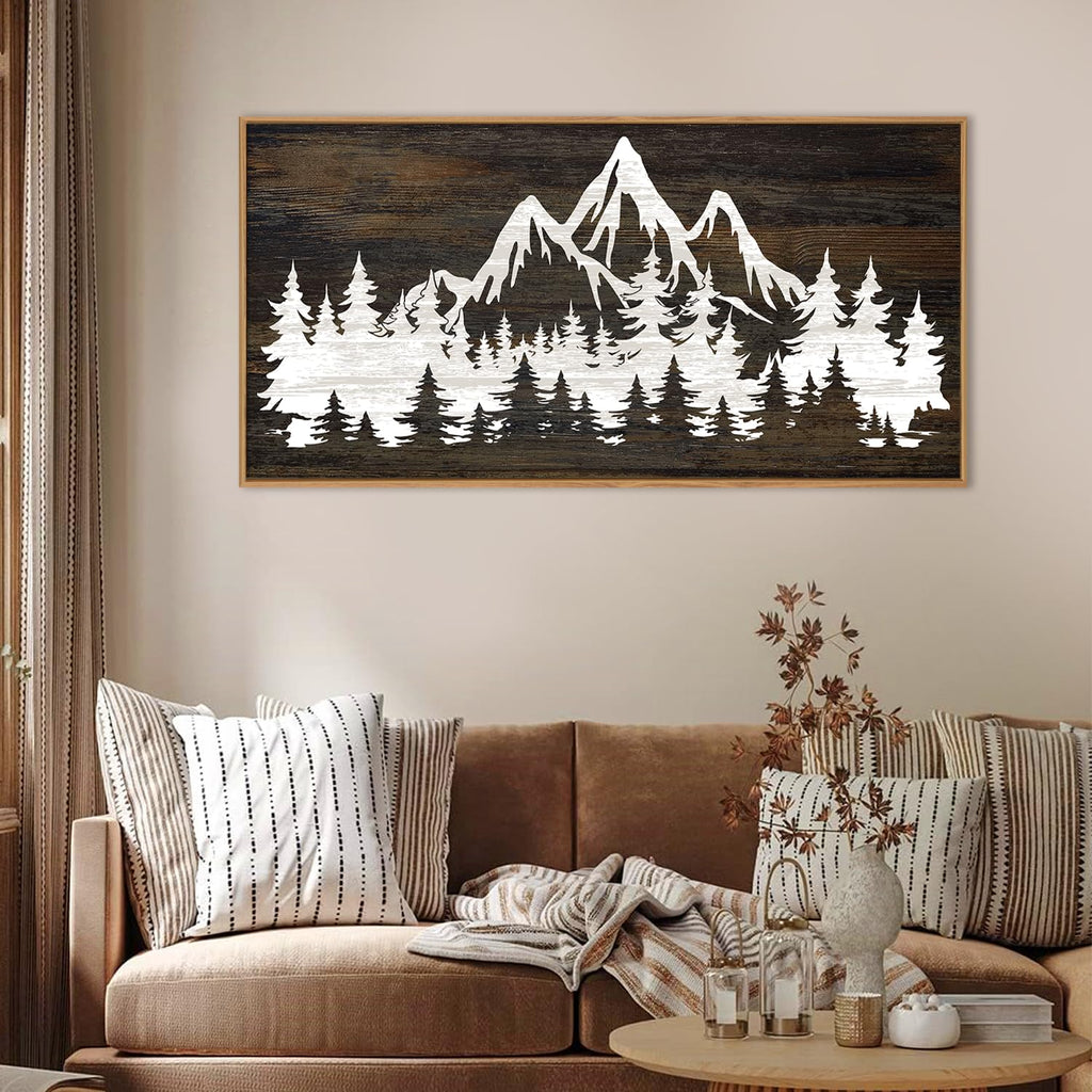 Large Mountain Tree Framed Canvas Wall Art, Modern White Forest Art Prints, Abstract Country Woodcut Wood Wall