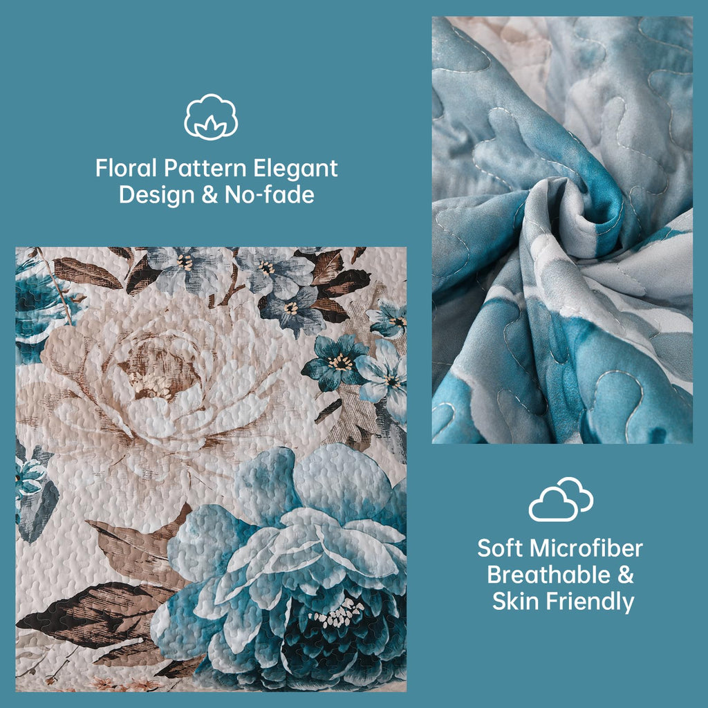 Quilt, 3 Pcs Aqua Floral Bedspread Bedding Set