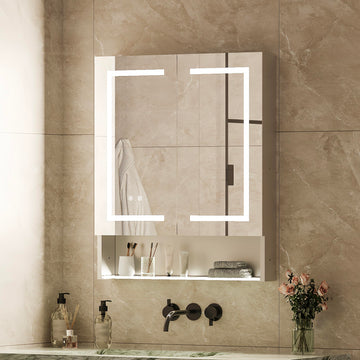 Lighted Medicine Cabinet with Double-Sided LED Mirror, Aluminum Bathroom Mirror Cabinet with Storage, Dimmable 3