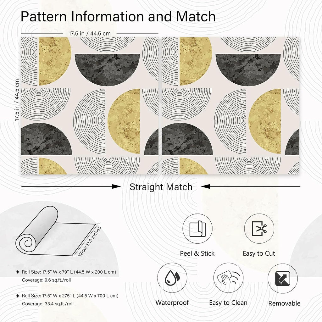 17.5"x275" Mid Century Modern Geometric Peel and Stick Wallpaper Gold Black Half Circle Wallpaper Bedroom Wall Paper