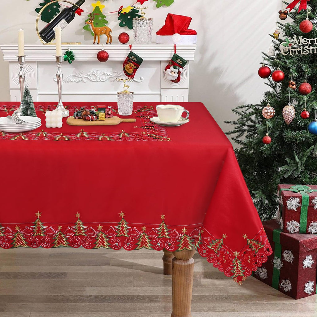 Embroidered Rectangle Christmas Tablecloth, 60 x 84 Inches, Red