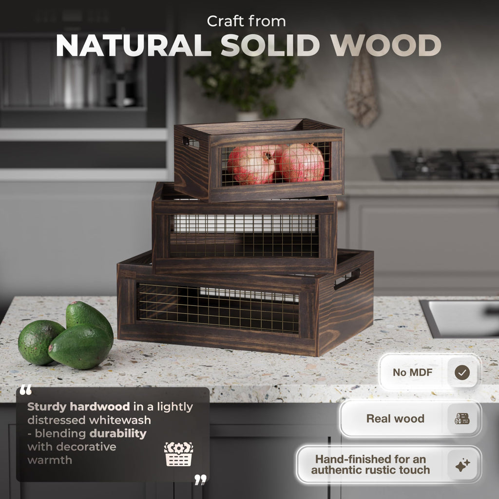 Set of 3 Wooden Nesting Countertop Baskets Wood Crates for Display