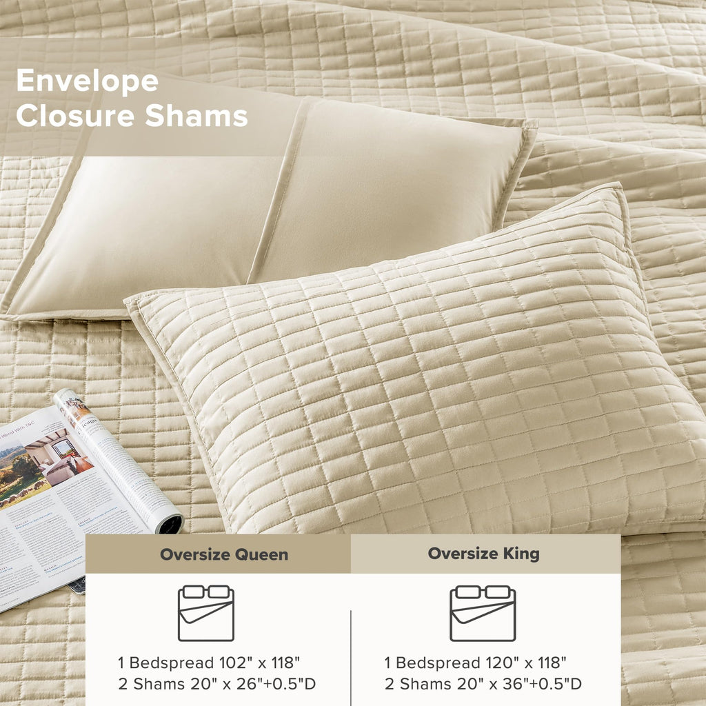 Oversized Bedspread Queen Quilt Set 3 Piece 102x 118 Ivory