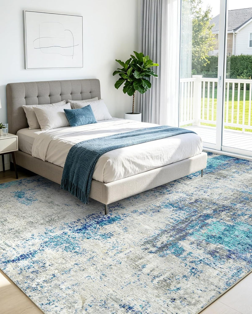 Washable Area Rug Living Room Rugs 8X10 - Neutral Modern Abstract Rugs Soft Carpet with Non Slip Backing for Under