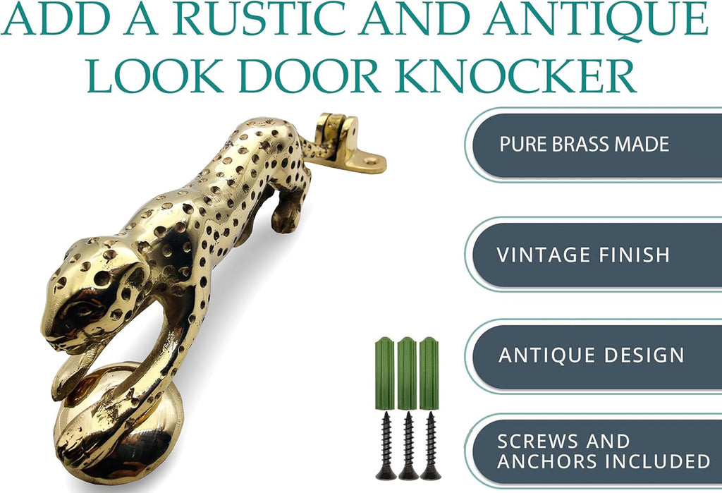 Decorative Brass Leopard Door Knocker, Gold Finish, Animal Design Door Hardware