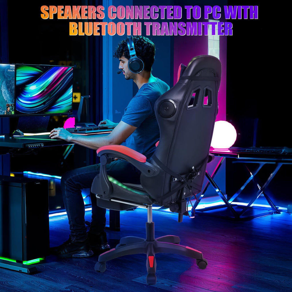 Gaming Chair with Bluetooth Speakers & Lights, Ergonomic High-Back Office Chair with Headrest & 135° Recline, 360°