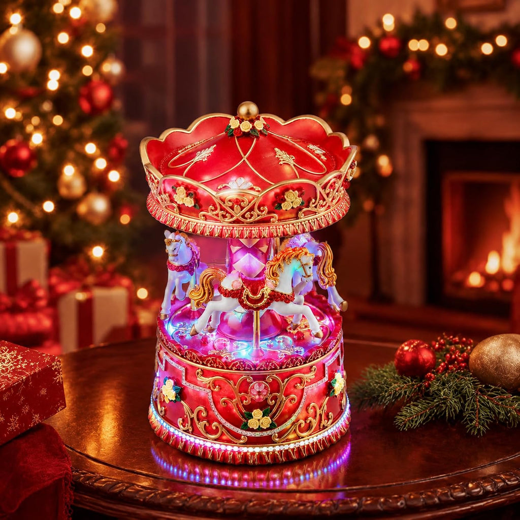 Christmas Carousel Music Box with Lights, Rotating Wind-Up Merry-Go-Round Horse Figurine, Hand-Painted Red and Gold