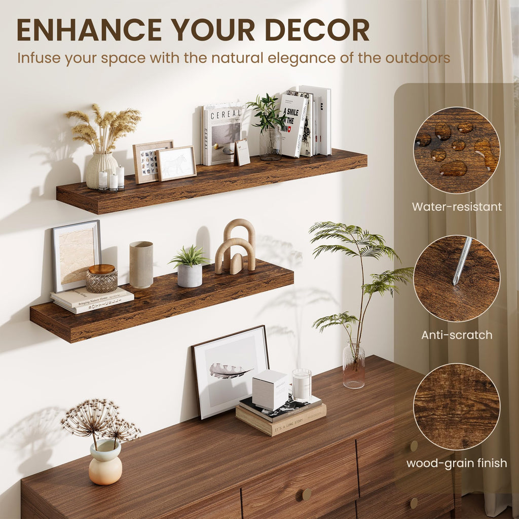 Floating Shelves Set of 3, 40 Inch Long Wooden Wall Shelves, 10 Inch Deep Wall Mounted Storage Shelf with Metal