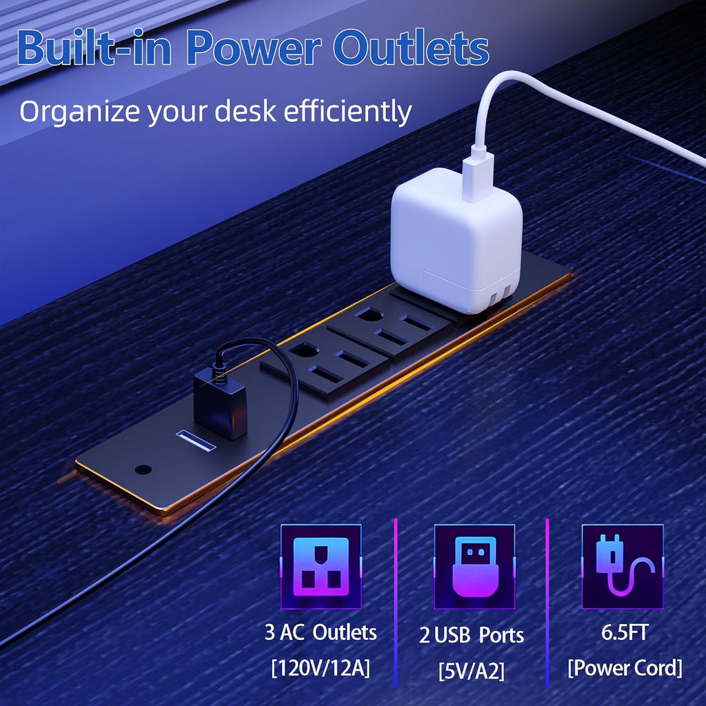 51" Gaming Desk with Power Outlets & LED Lights, Reversible Computer Desk with File Cabinet & Monitor Stand , Large