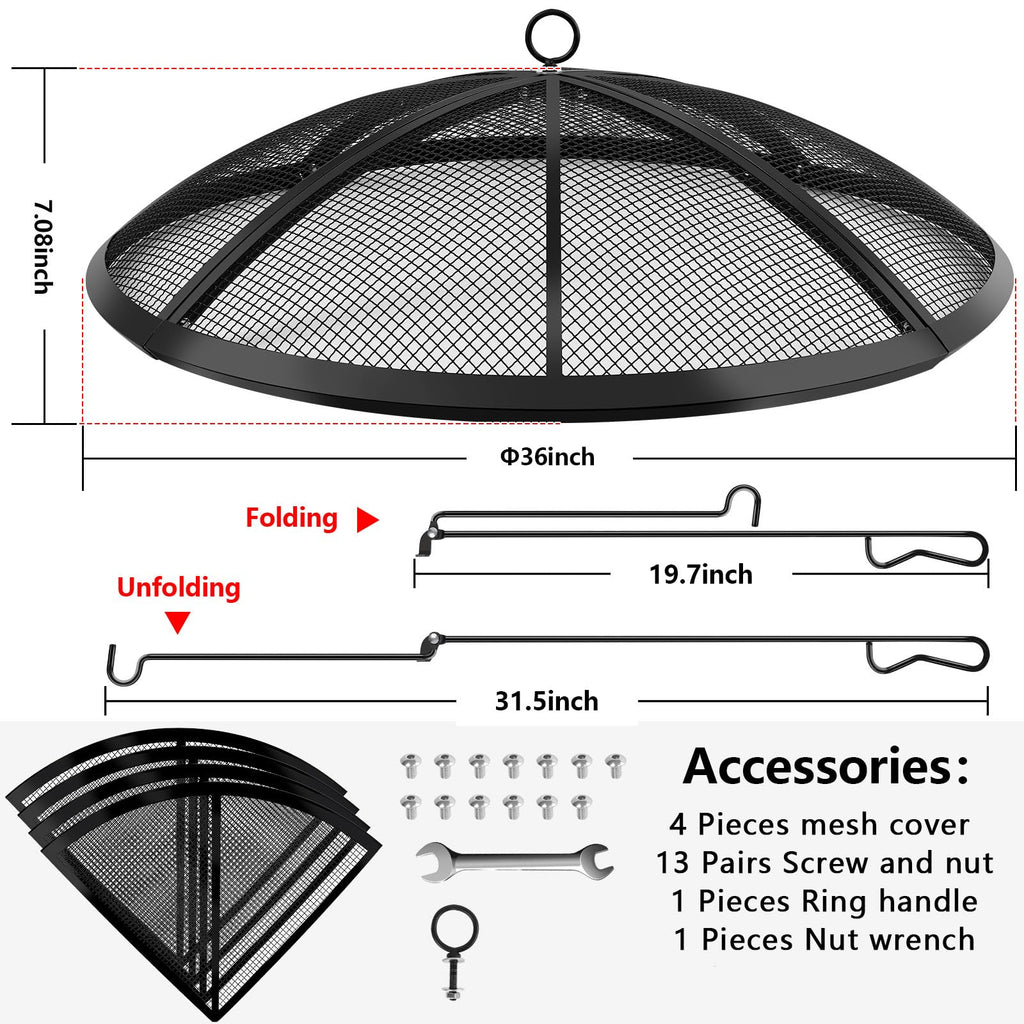Fire Pit Spark Screen, Fire Pit Screen 36 Inch Round with Handle & Poker
