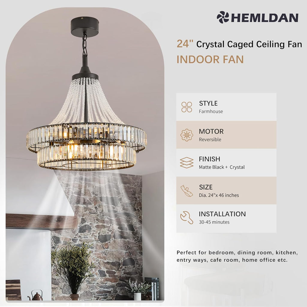 24" Modern Crystal Caged Fandelier, Smart Chandelier Fan with Remote and APP Control