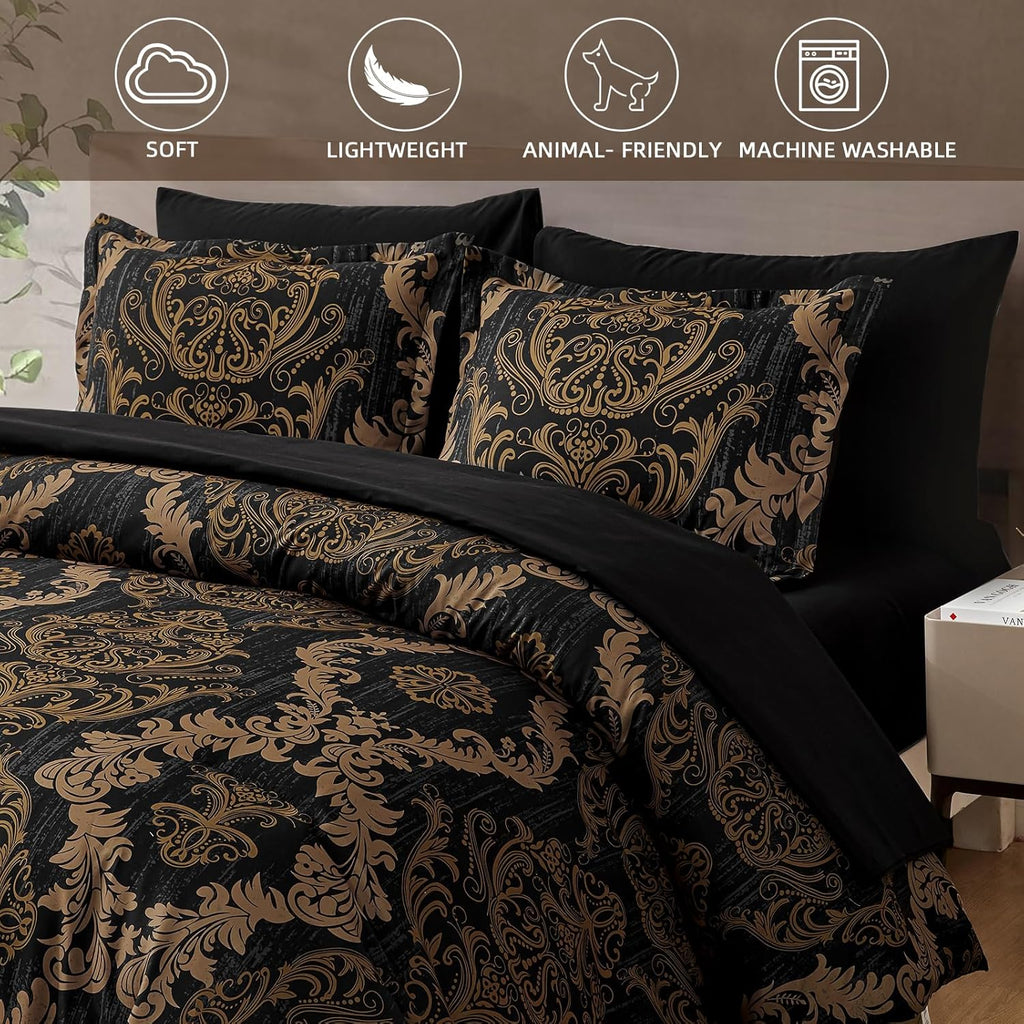 Black Comforter Set Queen, Gold Damask Texture 7 Pieces Bed in a Bag Microfiber Comforter Bedding Sets -1 Comforter