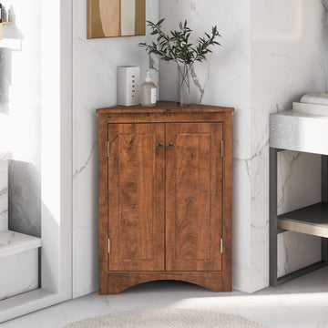 Corner Storage Cabinet with Two Doors, Adjustable Shelf, Freestanding Floor Space Saver, Brown