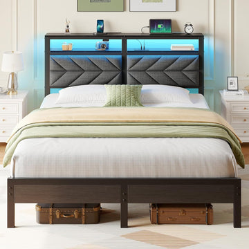 Bed Frame Full with Charging Station, LED Bed with Upholstered Storage Headboard