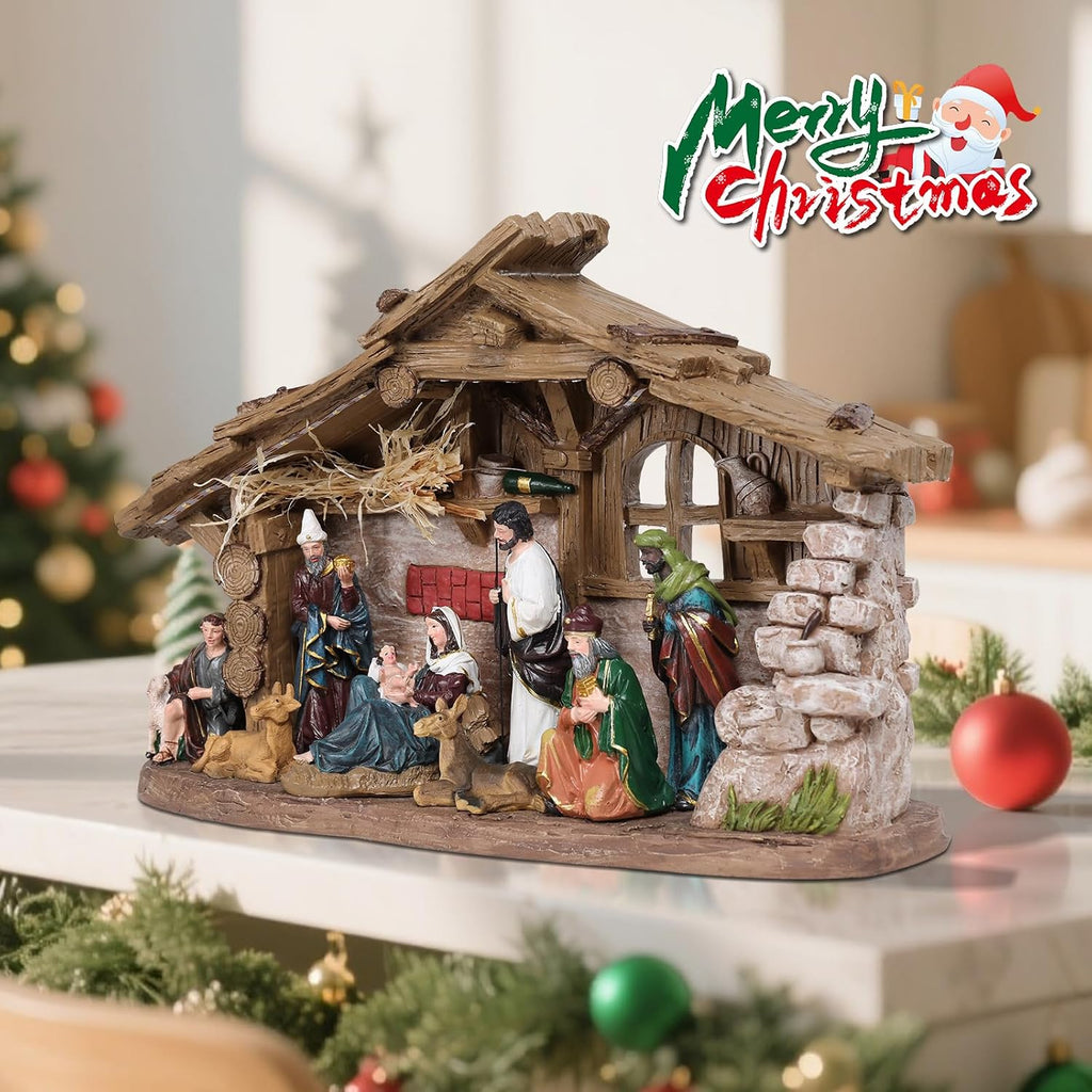 Nativity Scene with Manger, Resin Nativity Sets Figurine with LED Light and Music, 15.6 Inch Holy Family Lighted