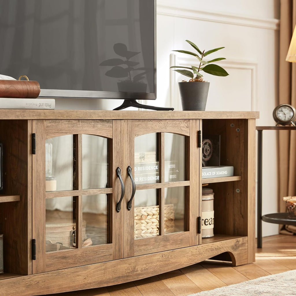 TV Stand for 75 Inch TV, Modern Farmhouse Entertainment Center with Storage Cabinets and Glass Doors, Tall Media