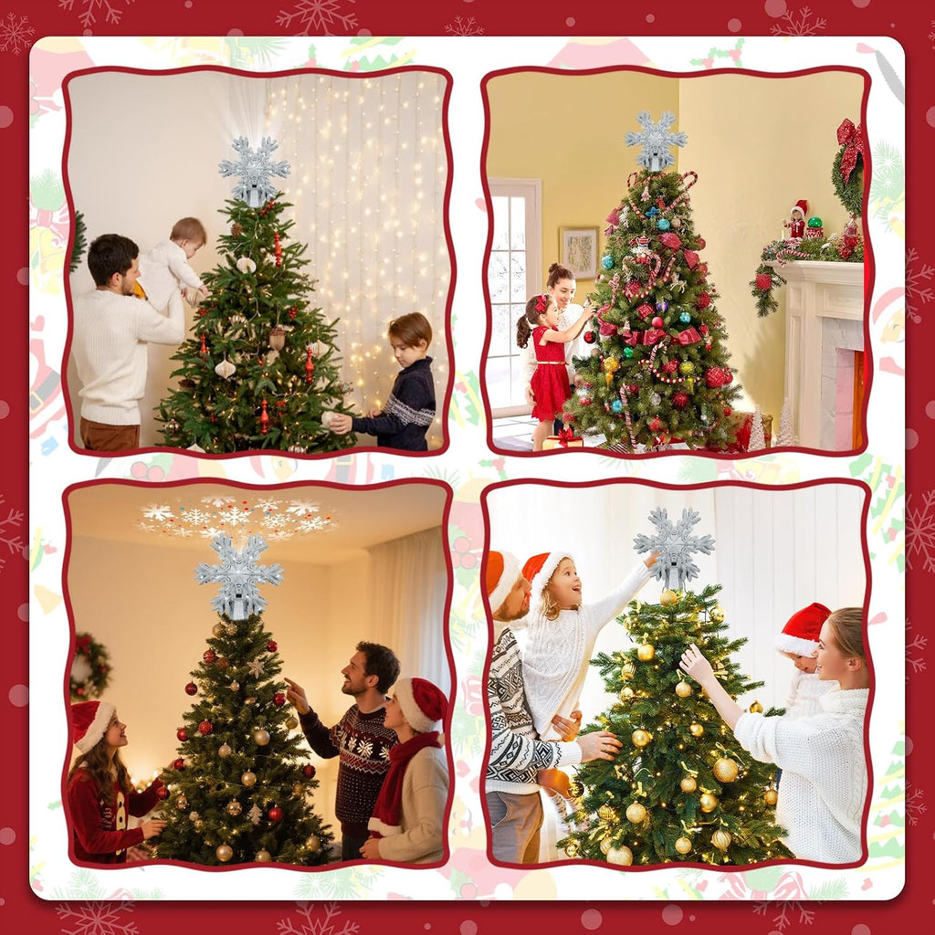 Tree Topper Lighted with LED Rotating Silver Snowflake Projector, 3D Hollow Glitter Lighted Silver Snow Christmas