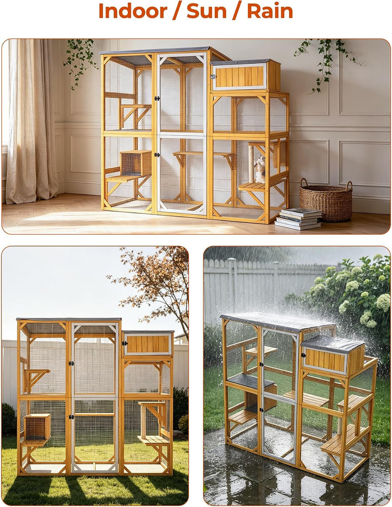 Wooden Catio Outdoor Cat Enclosure Large Walk-in Cat House with 5 Multi-Level Platforms, Scratching Post, Resting Den