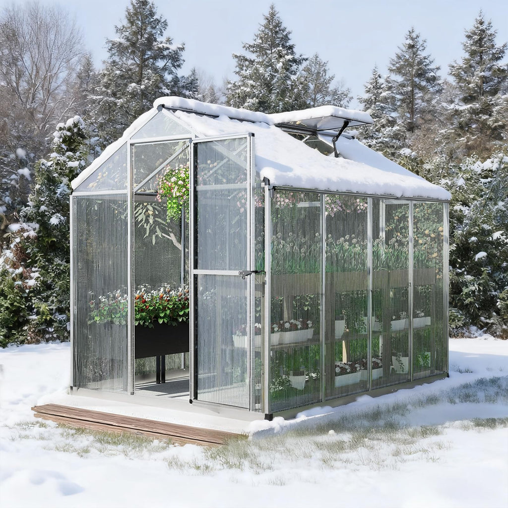 6 x 8 Ft Walk-in Greenhouse with Gutter, Adjustment Skylight