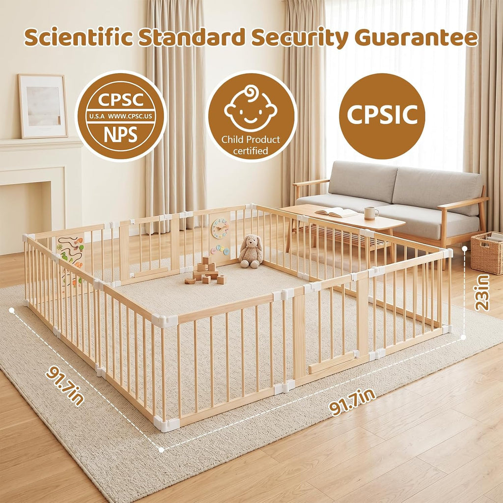 Baby Playpen with Montessori Toys, 12 Panels Foldable Wooden Play Yard for Toddlers & Infants 2-in-1 Baby Fence Play
